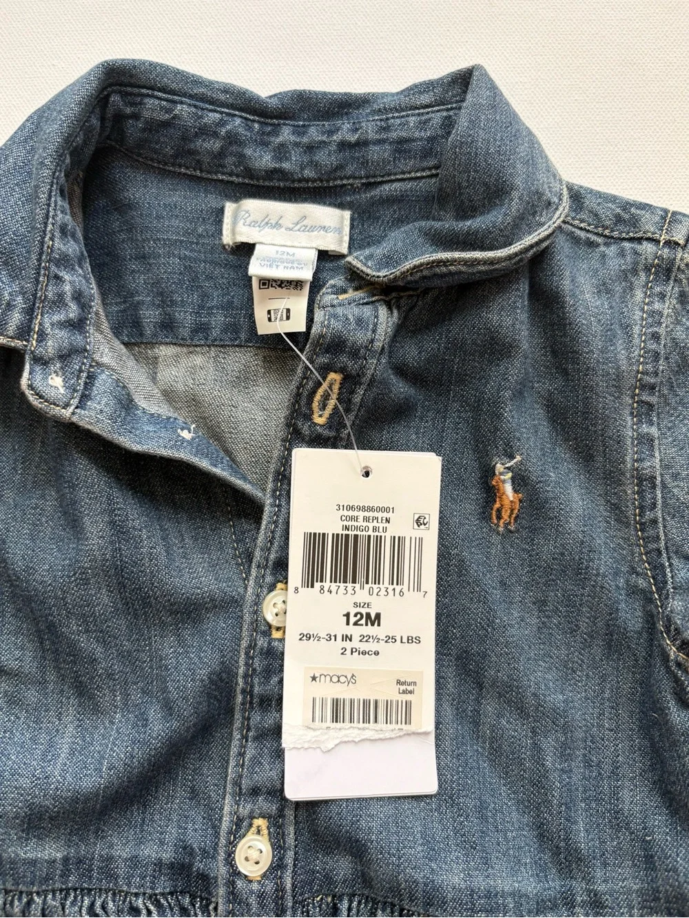 NWT Ralph Lauren Girl's Long-Sleeve Denim Dress Size 12 Months